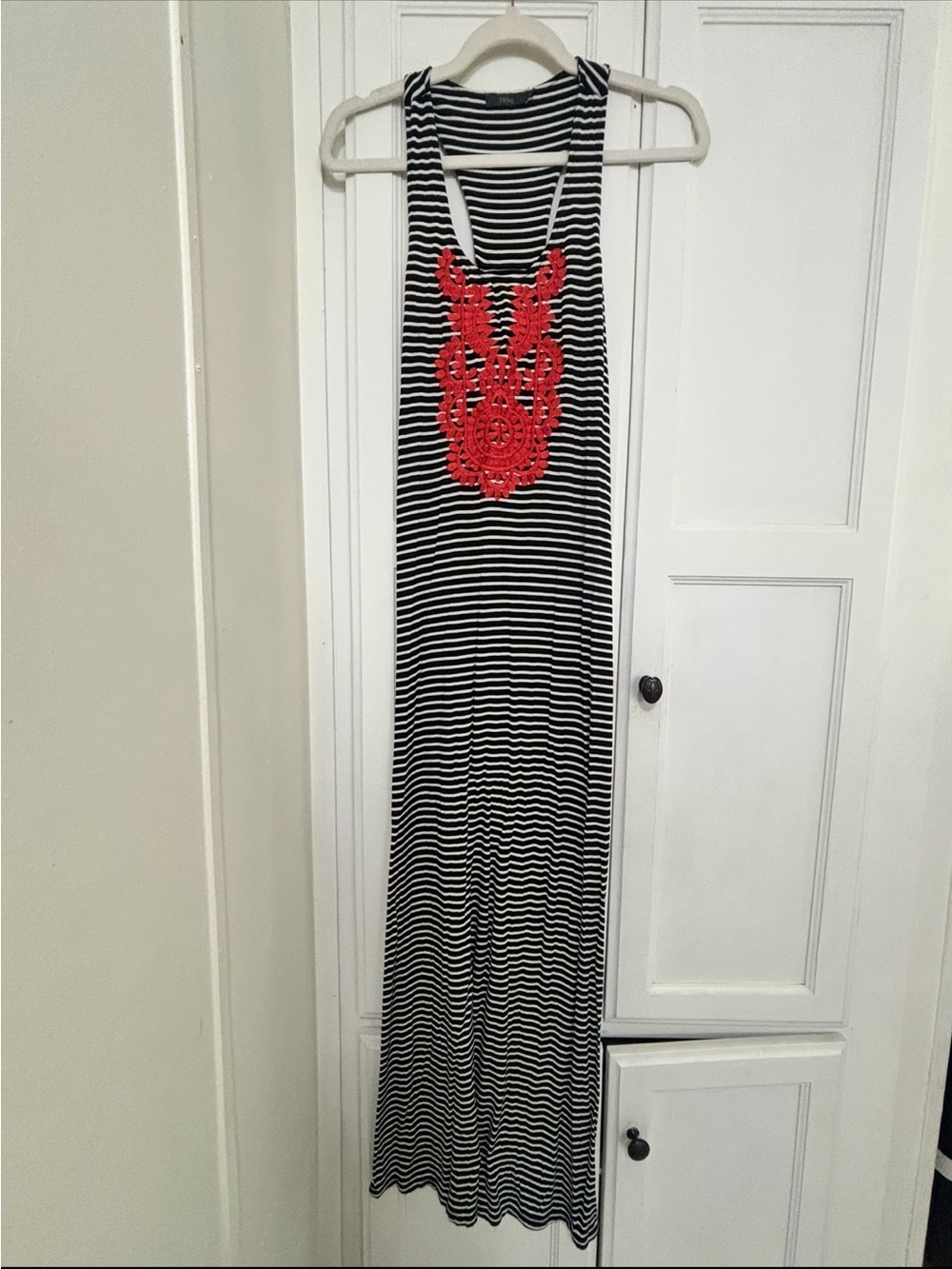 THML Black & White Striped Maxi Dress with Red Crochet Detail
